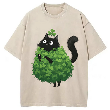Personality fashion St. Patrick's Day Decorated Cat Washed T-Shirt