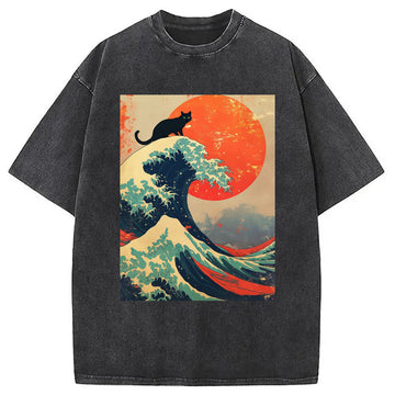 Personality fashion Black Cat On Great Wave Washed T-Shirt