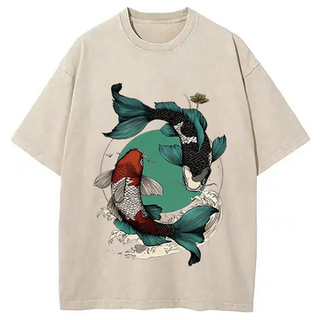 Personality fashion YinYang Koi Fish Zen Washed T-Shirt