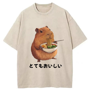 Personality fashion Capybara Eating Japanese Ramen Washed T-Shirt