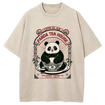 Personality fashion Panda Tea House Washed T-Shirt