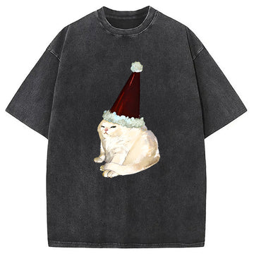 Personality fashion Santa Hat Meme Cat Washed T-Shirt