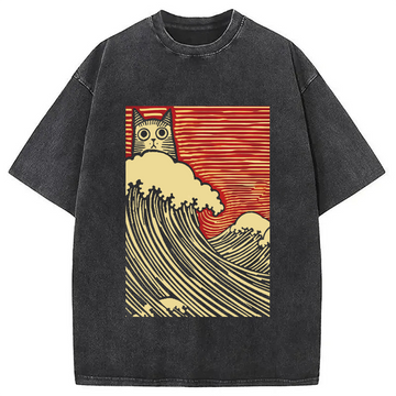 Personality fashion Japanese Cat Wave Washed T-Shirt