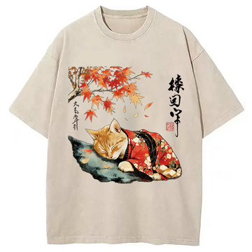 Personality fashion Kimono Neko Art Washed T-Shirt