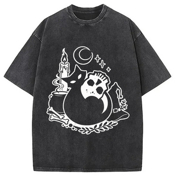 Personality fashion Black Cat Holding Skull Washed T-Shirt