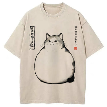 Personality fashion Matsumoto Hoji Cat Washed T-Shirt