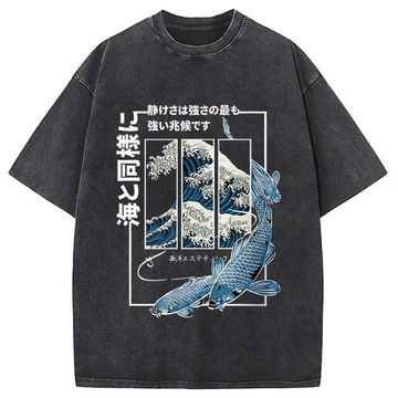 Personality fashion Japanese Koi Fish Great Wave Washed T-Shirt