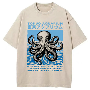 Personality fashion Tokyo Aquarium Octopus Washed T-Shirt