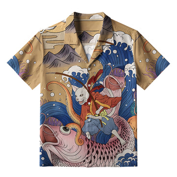 Personality fashion  Japanese Cat Fishing Aloha Hawaiian Shirt