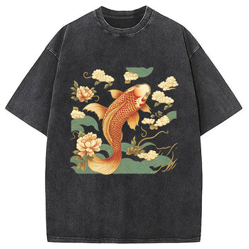 Personality fashion Cozy Vintage Japanese Koi Fish Washed T-Shirt