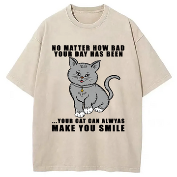 Personality fashion Funny Cat Make You Smile Washed T-Shirt