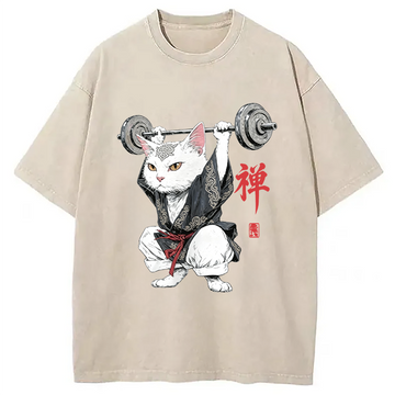 Personality fashion Zen Samurai Cat Weightlifter Washed T-Shirt