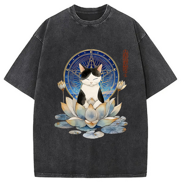 Personality fashion Funny Cat Lotus Zen Auspiciousness Washed T-Shirt