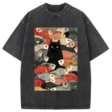 Personality fashion Black Cat Koi Fish Washed T-Shirt
