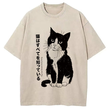 Personality fashion Funny Kawaii Cat Washed T-Shirt