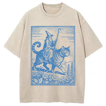 Personality fashion Wizard Cat Rider Vintage Washed T-Shirt