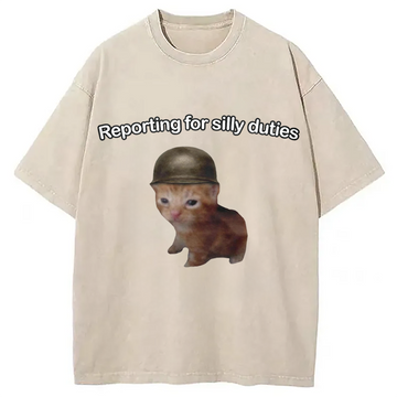 Personality fashion Reporting for Silly Duties Funny Cat Meme Washed T-Shirt