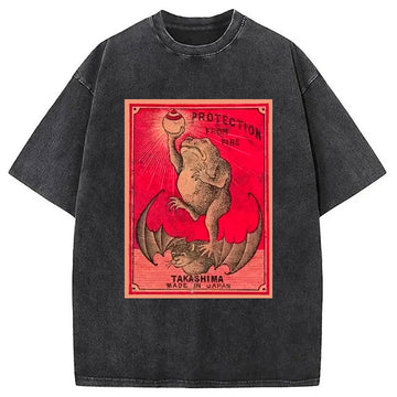 Personality fashion Japanese Matches Frog & Bat Washed T-Shirt