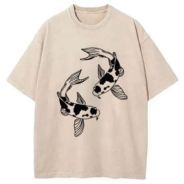 Personality fashion Two Beautiful Koi Washed T-Shirt