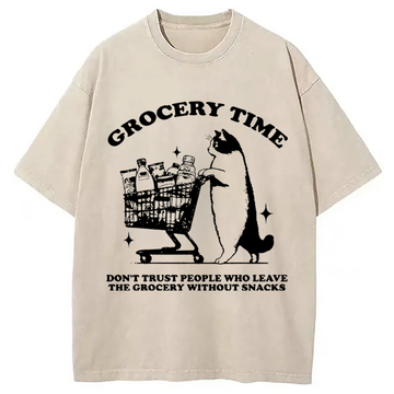 Personality fashion Grocery Time Funny Cat Washed T-Shirt
