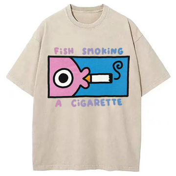 Personality fashion Fish Smoking A Cigarette Washed T-Shirt