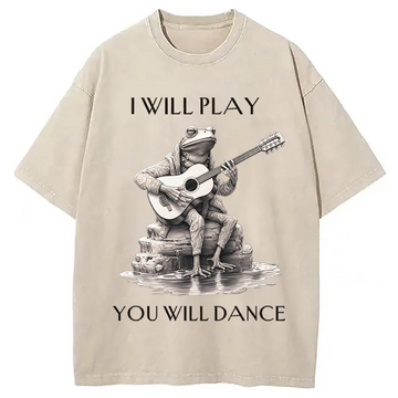 Personality fashion I Will Play You Will Dance Funny Frog Washed T-Shirt