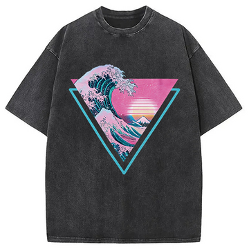 Personality fashion Great Wave Retro Triangle Washed T-Shirt