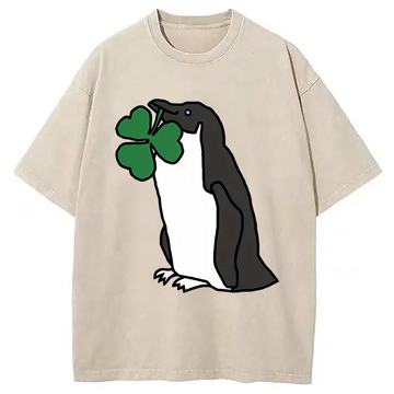 Personality fashion St Patricks Day Penguin Washed T-Shirt