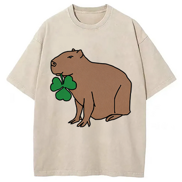 Personality fashion Cute Capybara with Shamrock Washed T-Shirt