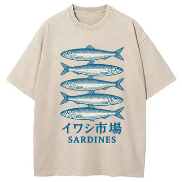 Personality fashion Japanese Sardines Market Washed T-Shirt