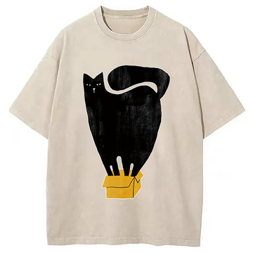 Personality fashion Cat and Box Washed T-Shirt