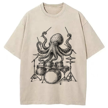 Personality fashion Octopus Drummer Washed T-Shirt