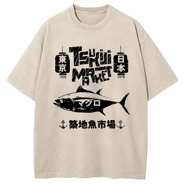 Personality fashion Retro Tsukiji Fish Market Washed T-Shirt