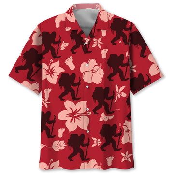 Bigfoot Hiking Red Hibiscus Hawaiian Shirt