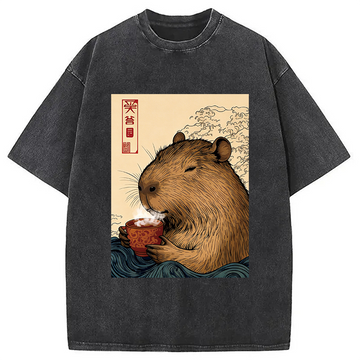 Personality fashion Capybara with Morning Tea Washed T-Shirt