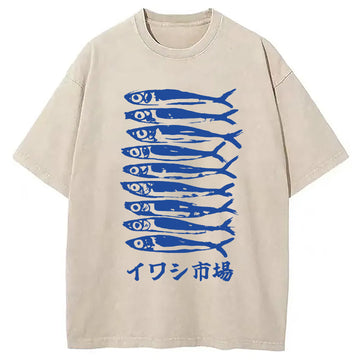 Personality fashion Japanese Sardine Market Washed T-Shirt