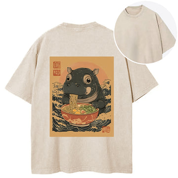 Personality fashion Moo Deng Eat Ramen Back Washed T-Shirt