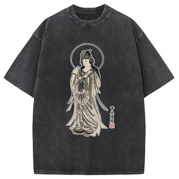 Personality fashion Vintage Guanyin Bodhisattva Washed T-Shirt
