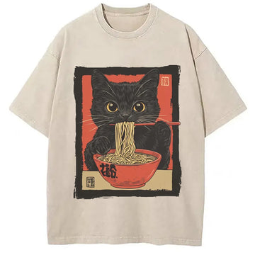 Personality fashion Kawaii Japanese Ramen Cat Vintage Washed T-Shirt
