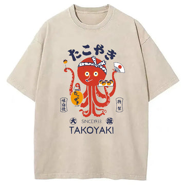 Personality fashion Tokoyaki Octopus Japanese Washed T-Shirt