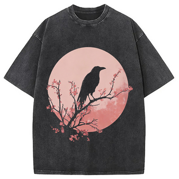 Personality fashion Crow Pink Moon Washed T-Shirt