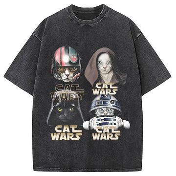 Personality fashion Cat Wars Funny Washed T-Shirt