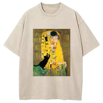 Personality fashion The Kiss With Cat Washed T-Shirt