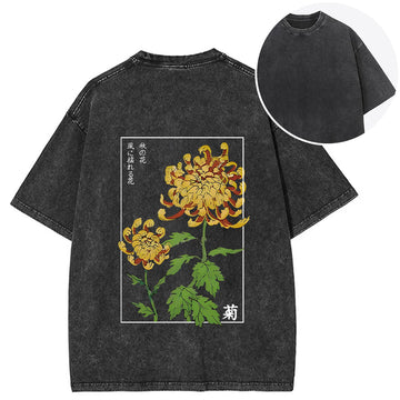 Personality fashion Retro Chrysanthemum Back Washed T-Shirt