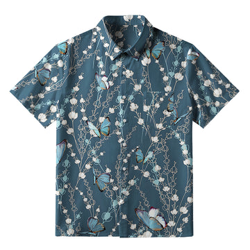 Personality fashion  Blue Floral And Butterfly Button-up Shirt