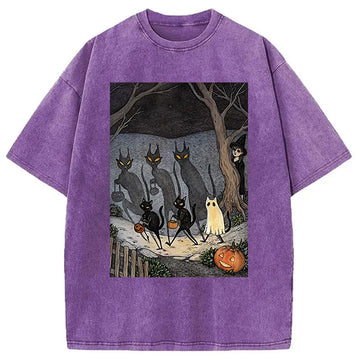 Personality fashion Black Cat Ghost Halloween Washed T-Shirt