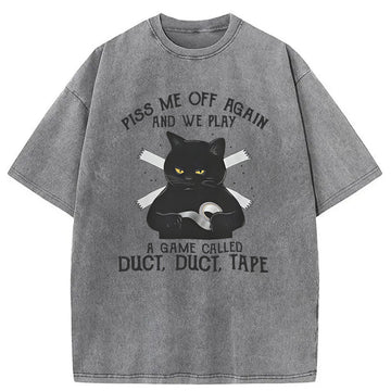 Personality fashion Funny Black Cat with Duct Tape Washed T-Shirt