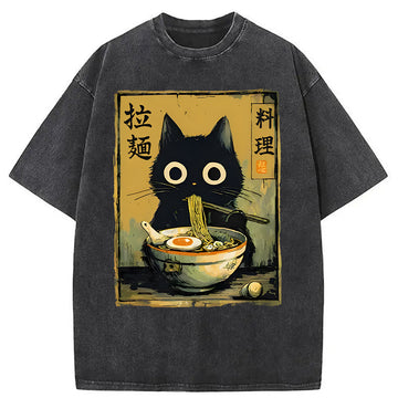 Personality fashion Cute Black Cat Eating Ramen Washed T-Shirt