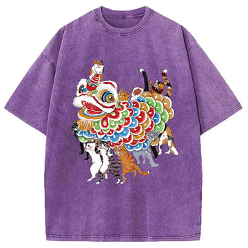 Personality fashion Cats Perform A Lion Dance Washed T-Shirt