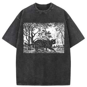 Personality fashion Black Cat In The Forest Washed T-Shirt